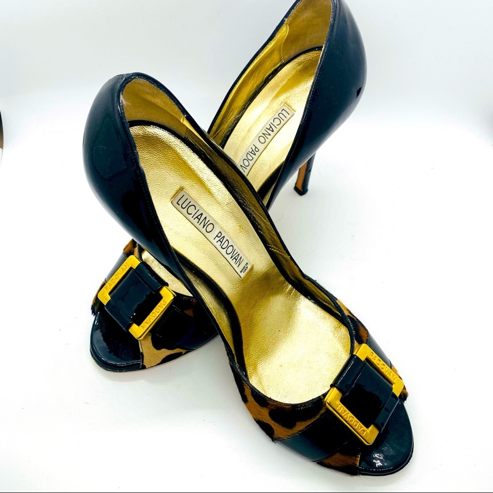 Luciano Padovan Patent Leather & Pony Hair Leopard Print Peep Toe Stiletto